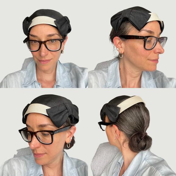 Vintage black fascinator hat bow black cream - Picture 8 of 10